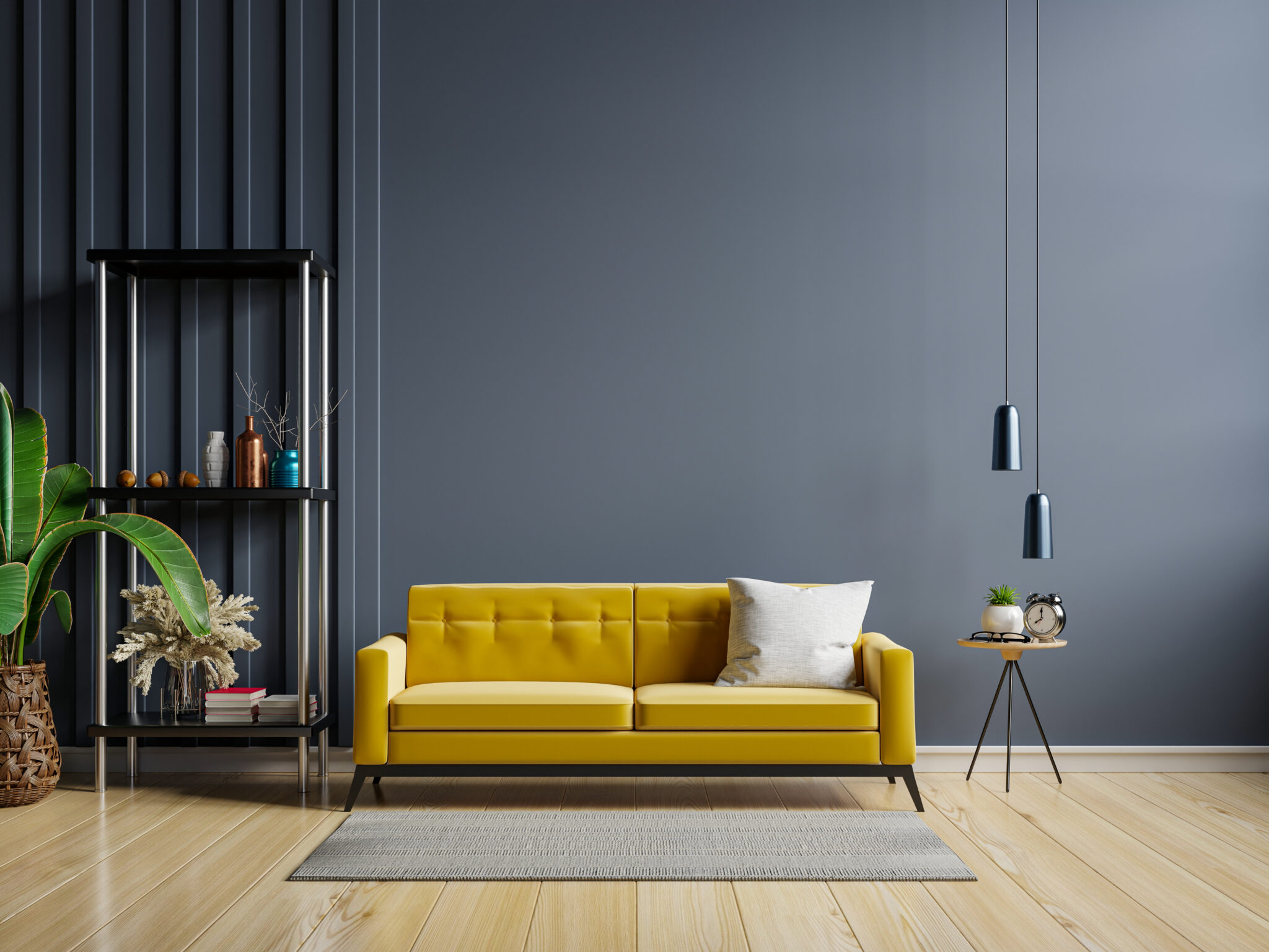 Sala com a parede pintada de cinza e sofá amarelo